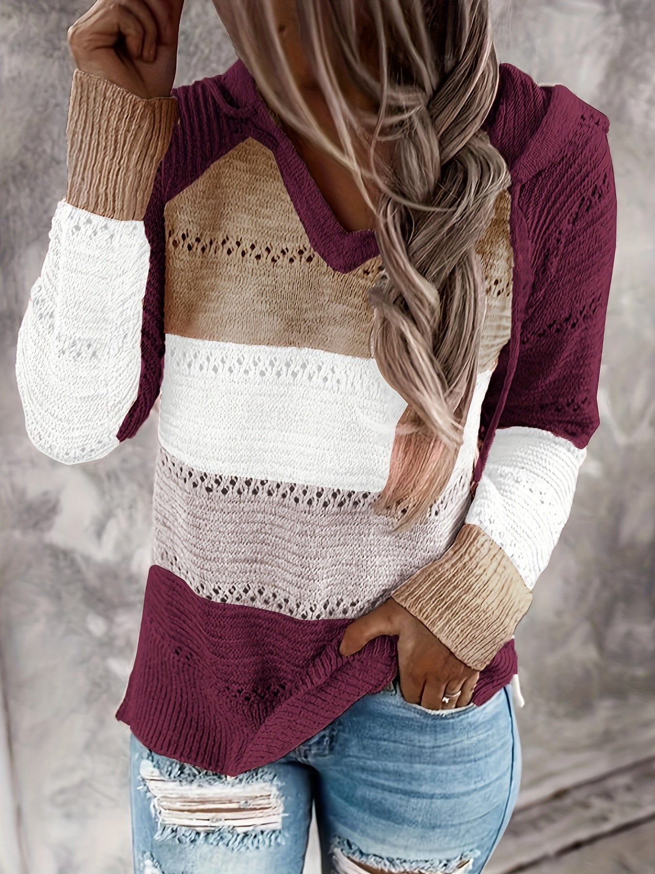 Women's Color Block Hooded Knit Sweater - Drawstring, Long Sleeve Sweater Hoodie