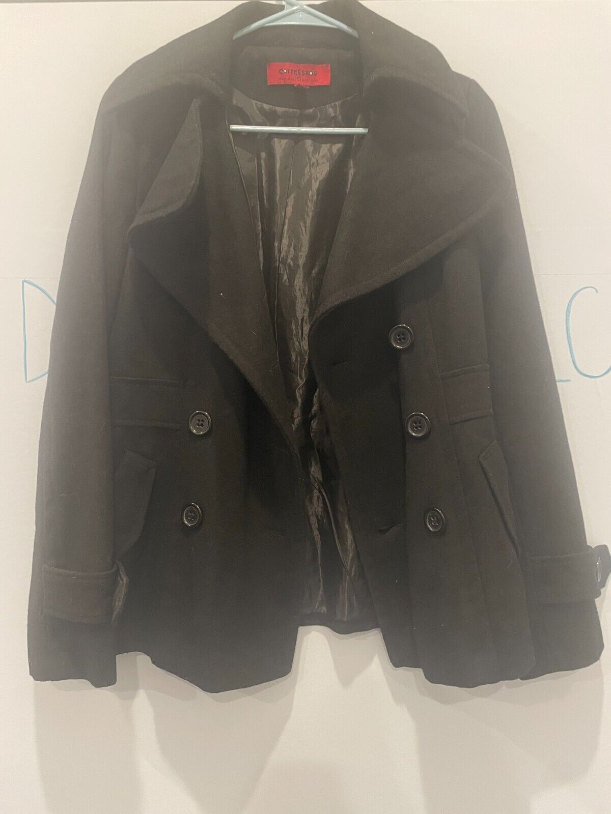 Women Size XS Wool Coffee Shop Black Pea Coat Jacket Coffeeshop Company - Very Good