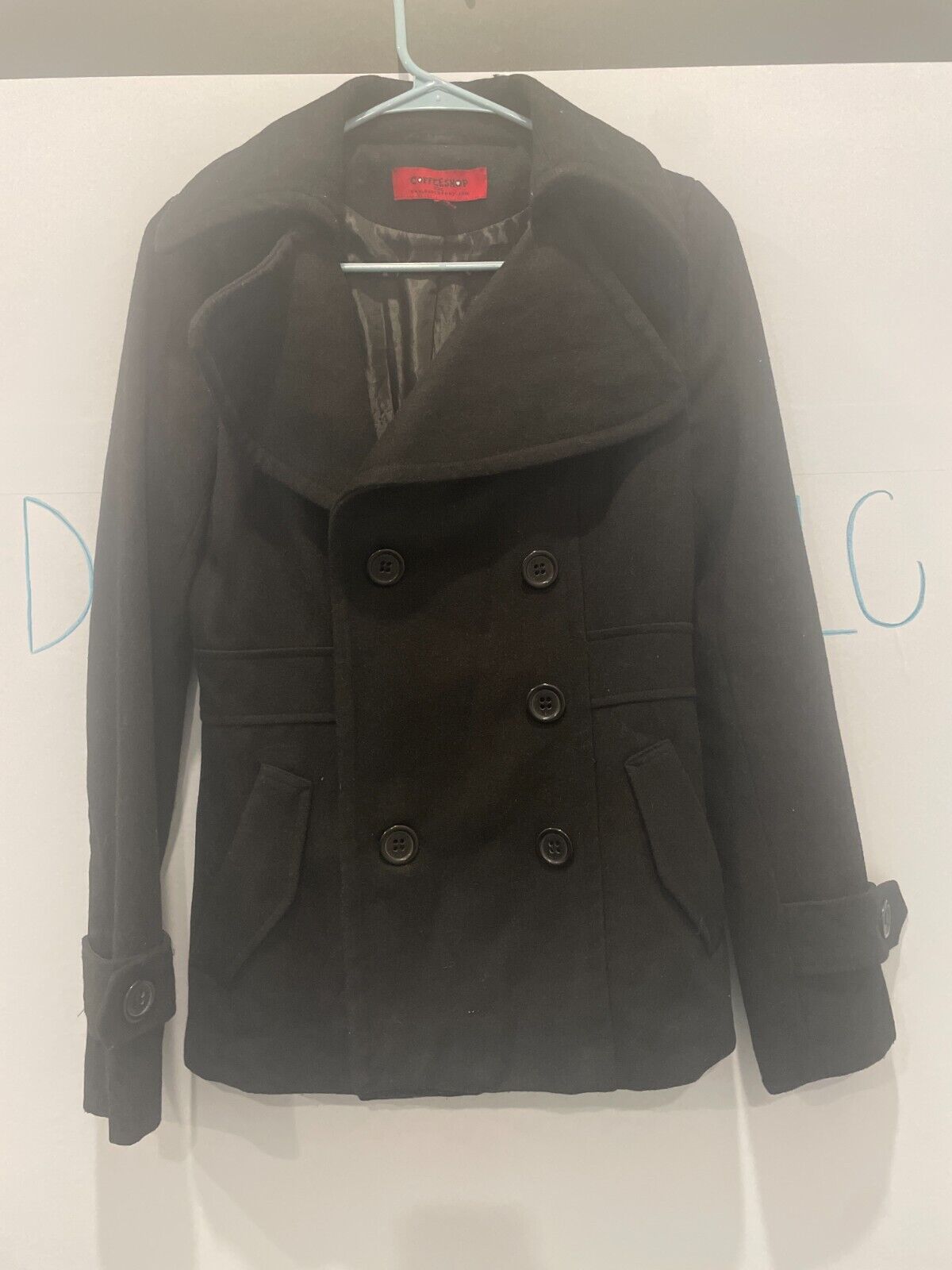 Women Size XS Wool Coffee Shop Black Pea Coat Jacket Coffeeshop Company - Very Good