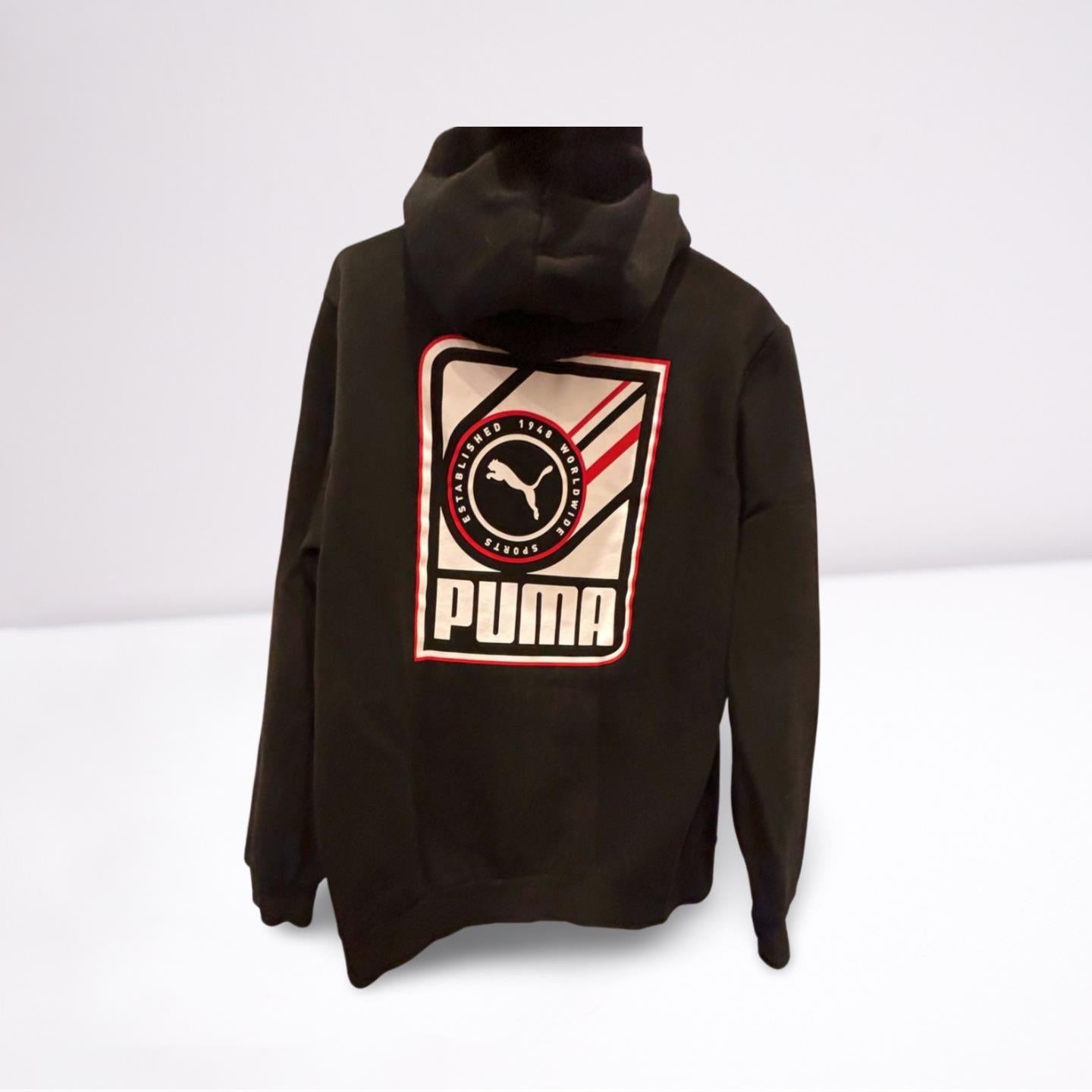 Puma Sweatshirt Worldwide Sports Pullover Hoodie Mens Black Size Medium Graphic