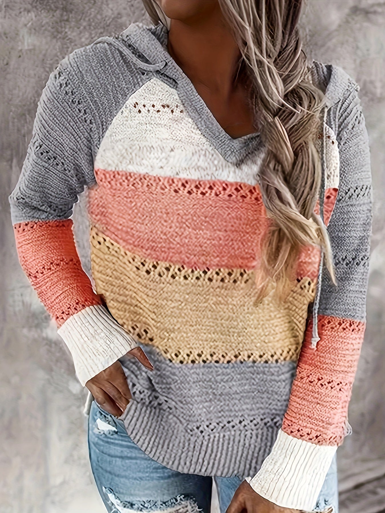 Women's Color Block Hooded Knit Sweater - Drawstring, Long Sleeve Sweater Hoodie