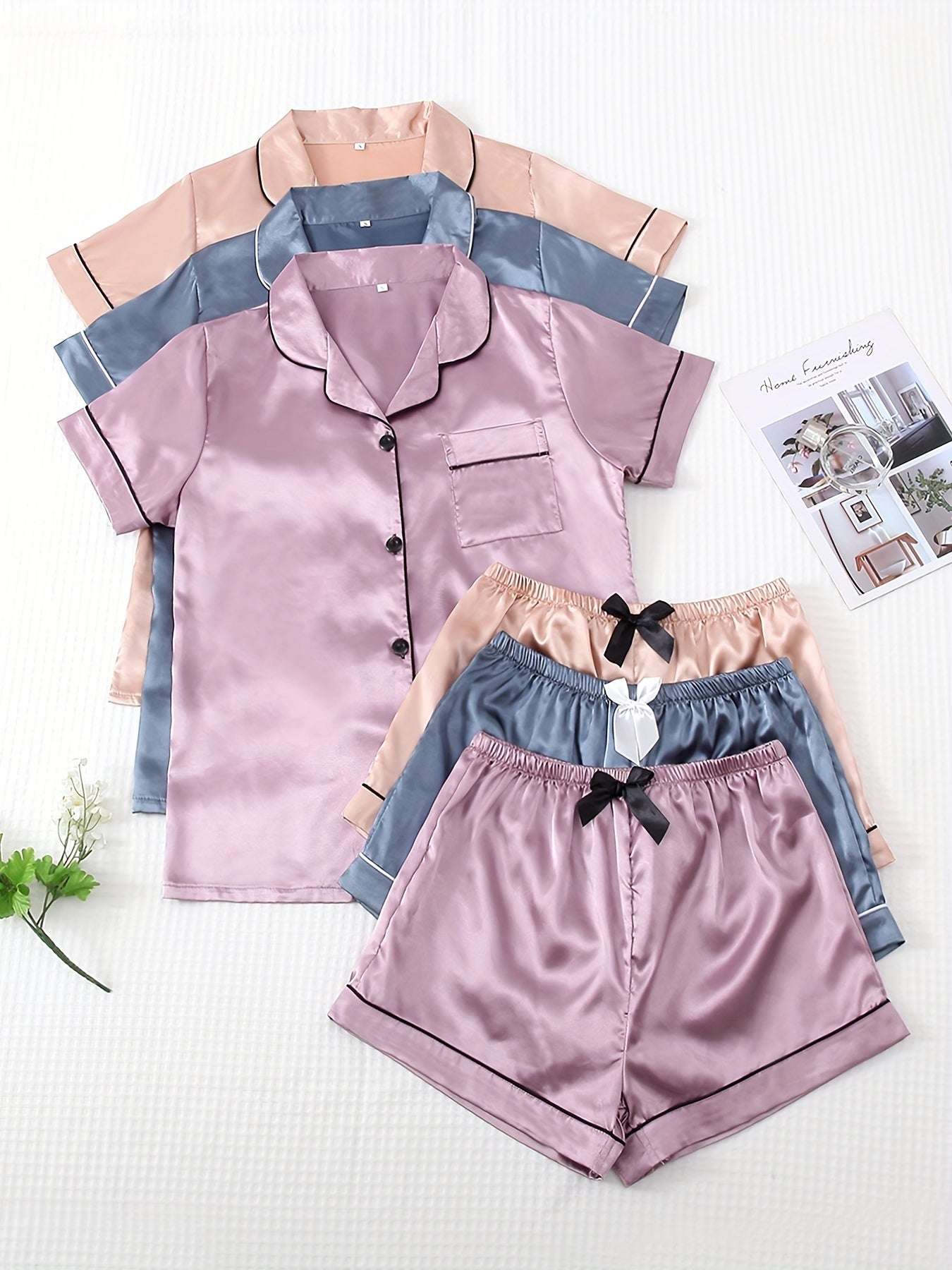 3 Sets Satin Pajama Set, Short Sleeve Lapel Top & Bow Shorts, Women's Sleepwear & Loungewear