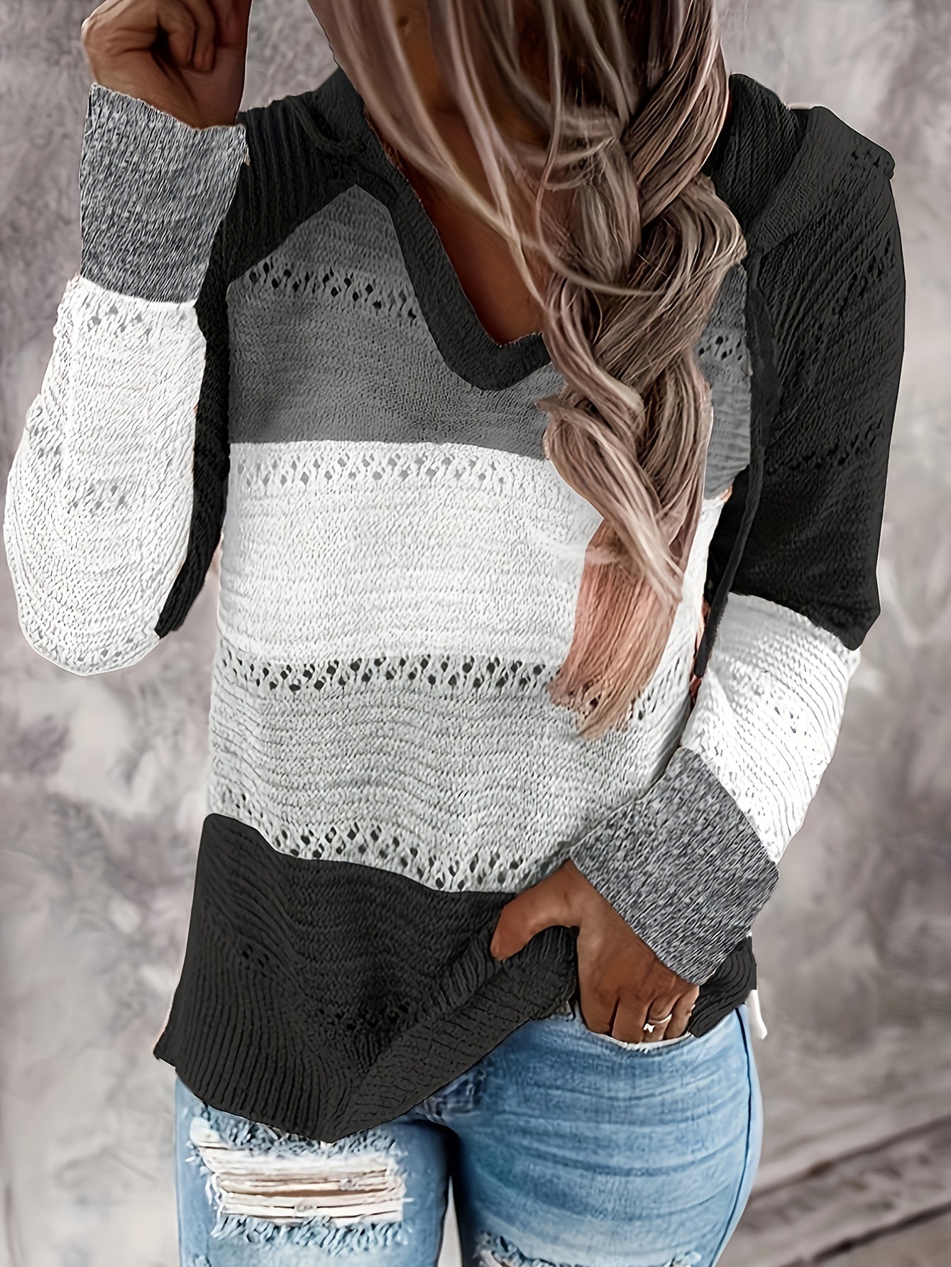 Women's Color Block Hooded Knit Sweater - Drawstring, Long Sleeve Sweater Hoodie