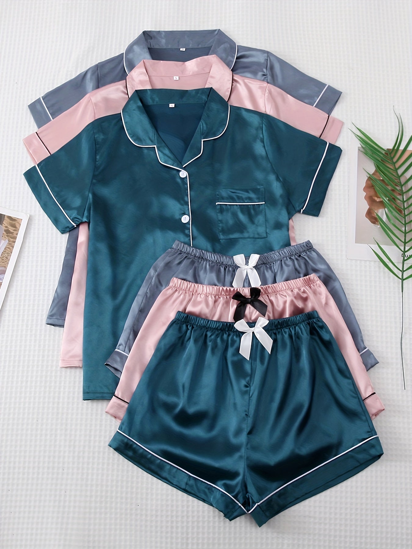 3 Sets Satin Pajama Set, Short Sleeve Lapel Top & Bow Shorts, Women's Sleepwear & Loungewear