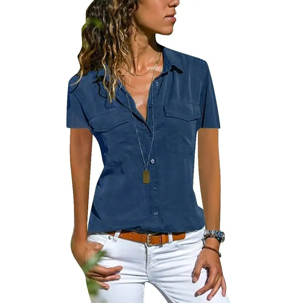 Casual Womens Collar Pocket Button-Up Top T Shirts Tee Retro Short Sleeve Shirt