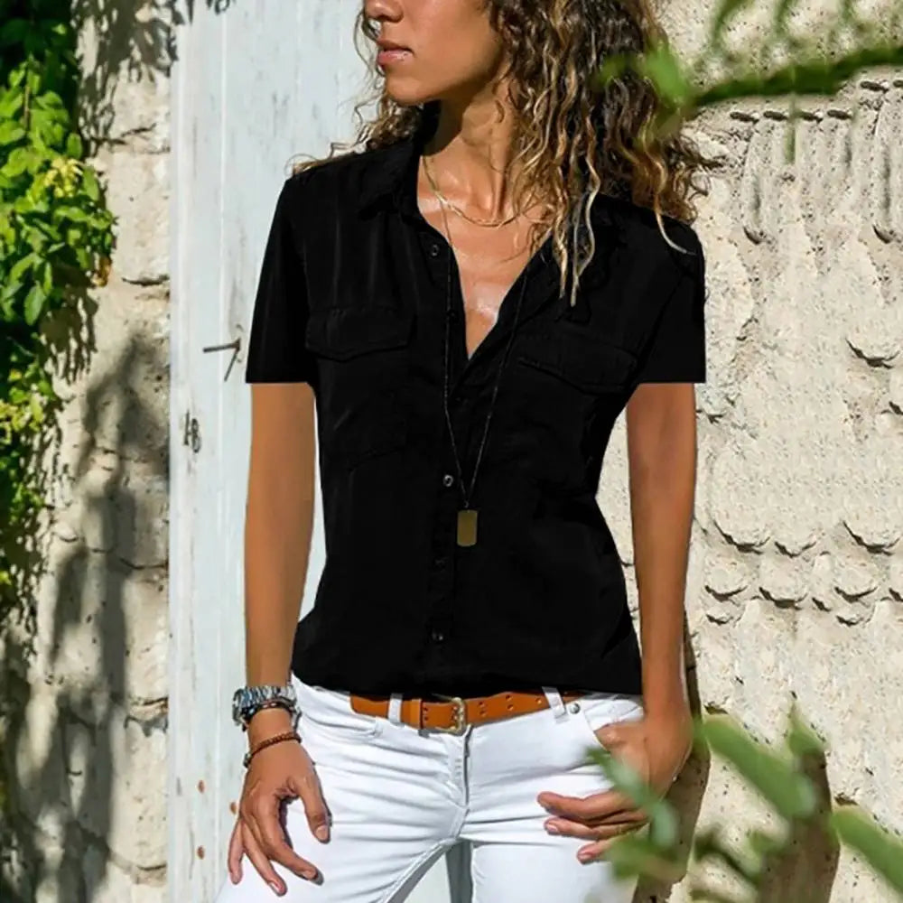 Casual Womens Collar Pocket Button-Up Top T Shirts Tee Retro Short Sleeve Shirt