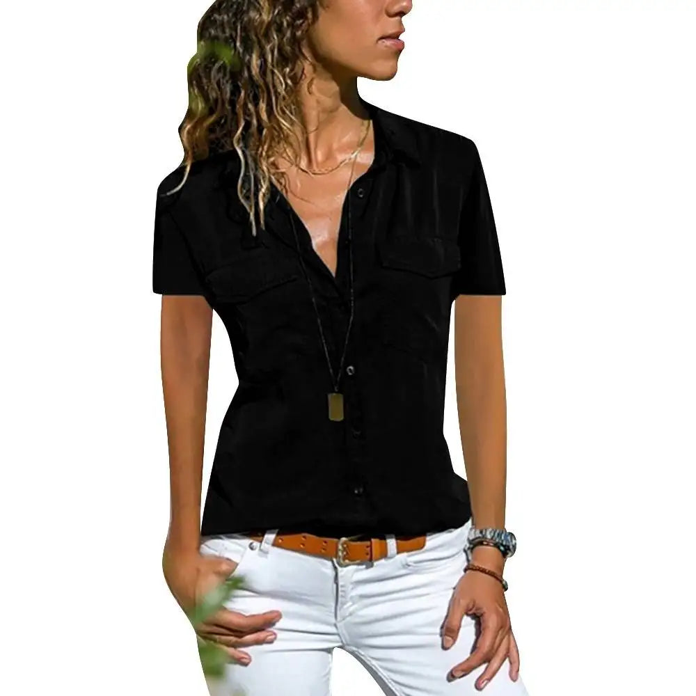 Casual Womens Collar Pocket Button-Up Top T Shirts Tee Retro Short Sleeve Shirt
