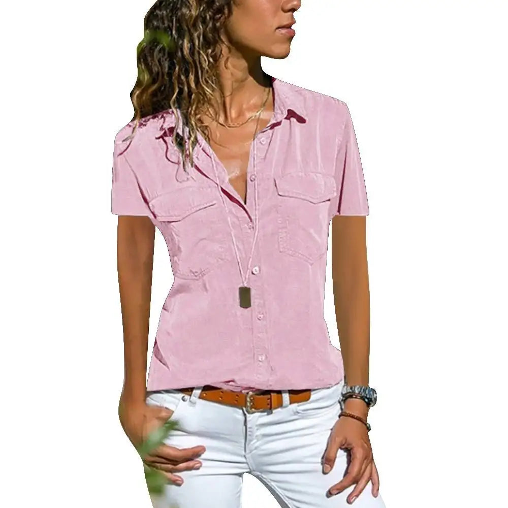 Casual Womens Collar Pocket Button-Up Top T Shirts Tee Retro Short Sleeve Shirt