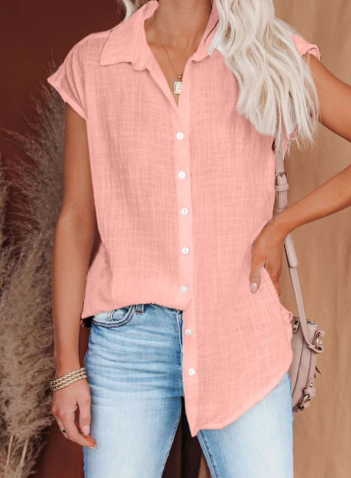 Women's Casual Loose Fit Short Sleeve Button up Blouse