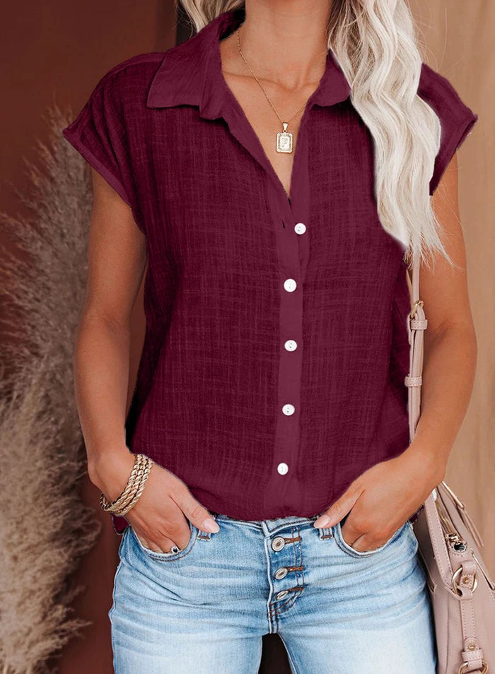 Women's Casual Loose Fit Short Sleeve Button up Blouse