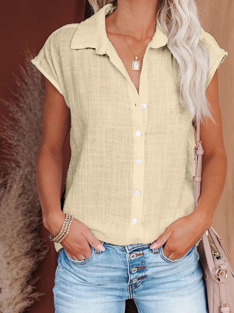 Women's Casual Loose Fit Short Sleeve Button up Blouse