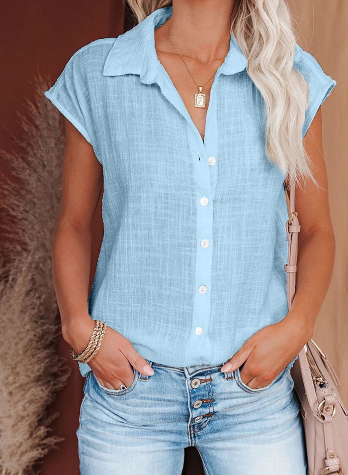 Women's Casual Loose Fit Short Sleeve Button up Blouse