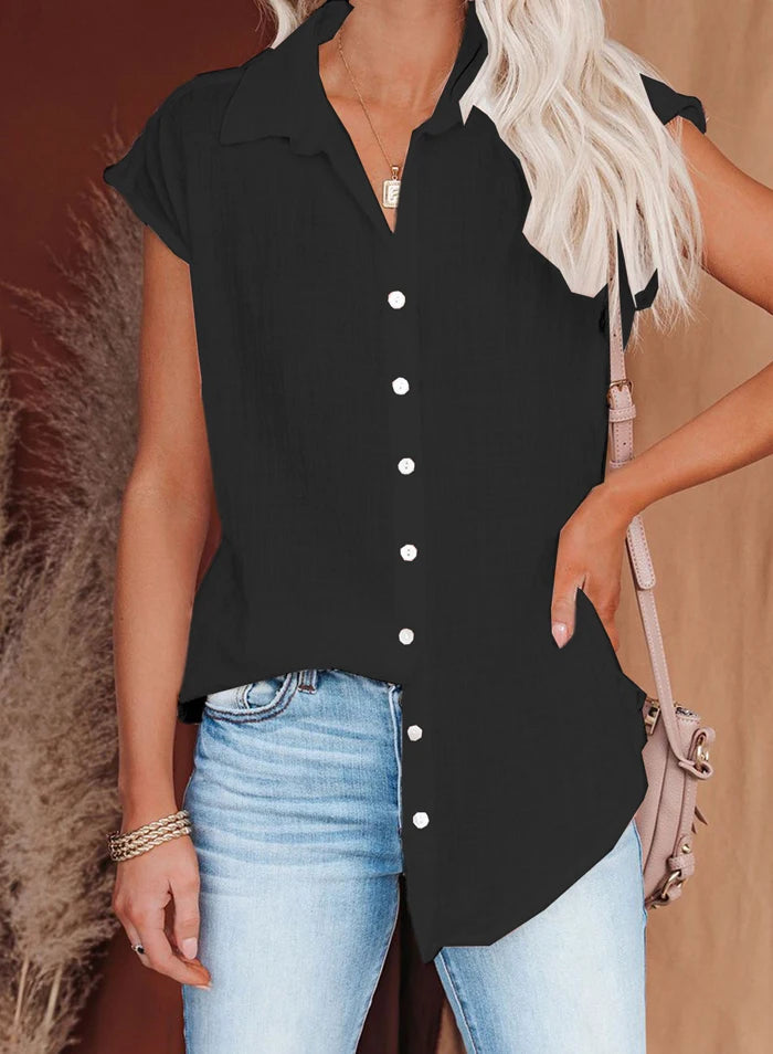 Women's Casual Loose Fit Short Sleeve Button up Blouse