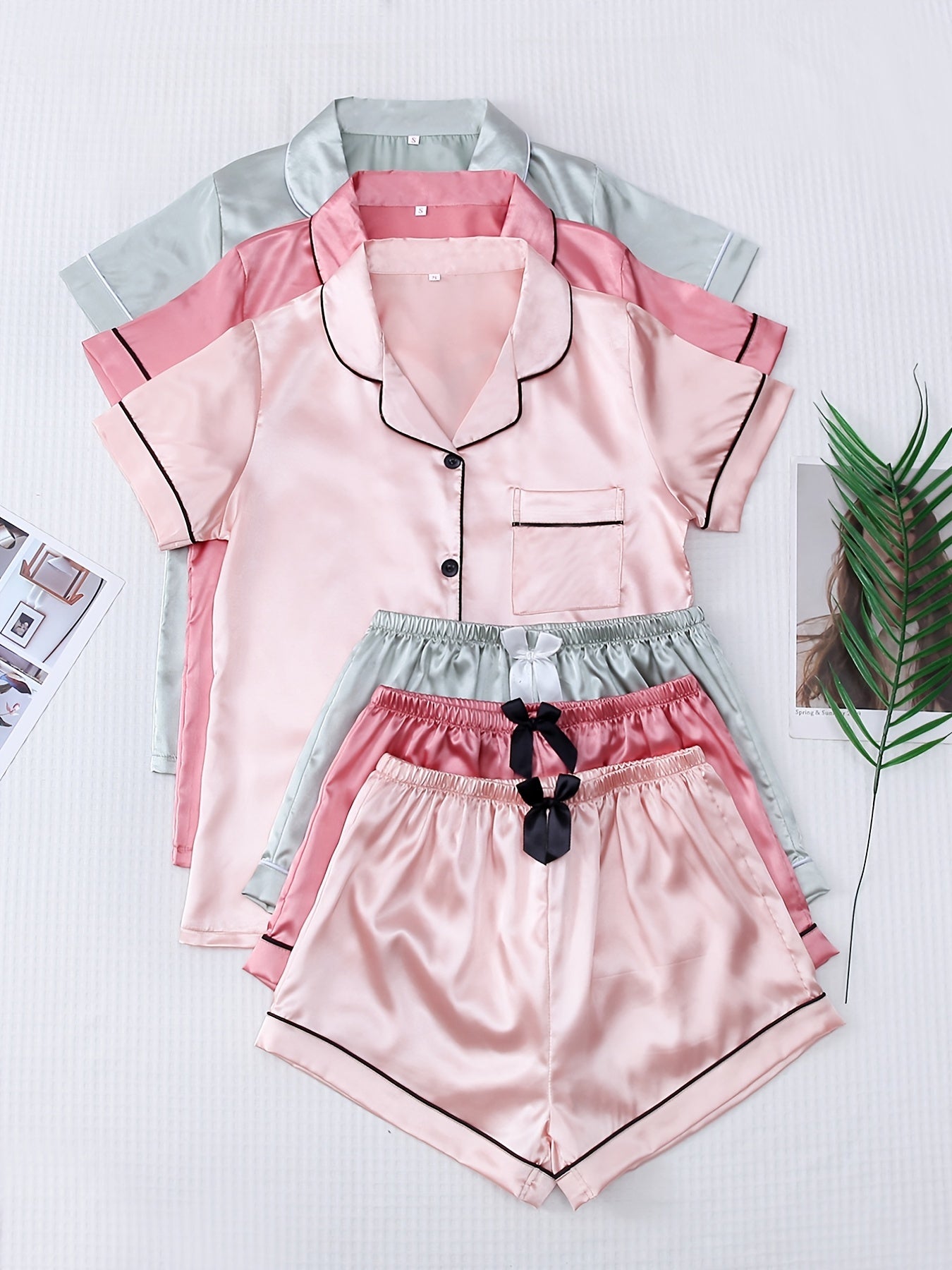 3 Sets Satin Pajama Set, Short Sleeve Lapel Top & Bow Shorts, Women's Sleepwear & Loungewear