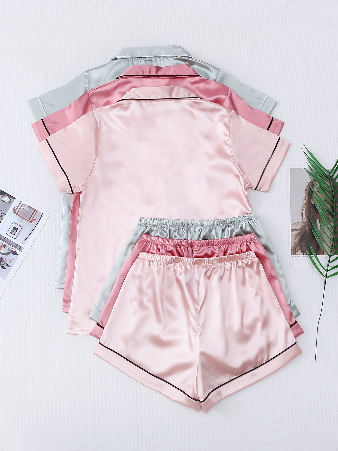 3 Sets Satin Pajama Set, Short Sleeve Lapel Top & Bow Shorts, Women's Sleepwear & Loungewear