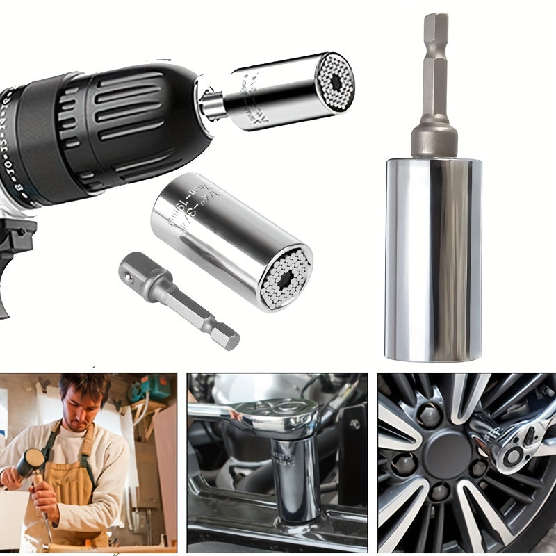 Universal Socket Wrench with Adapter - Fits Standard from 1/4"-3/4", Fits Metric 7-19mm, Professional Sockets, Portable Tools, Multi-function Wrench, Chrome Steel Adapter