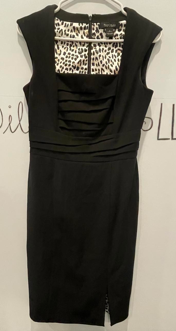 White House Black Market Black Sheath Dress w/ leopard satin lining Sz 2 - Like New
