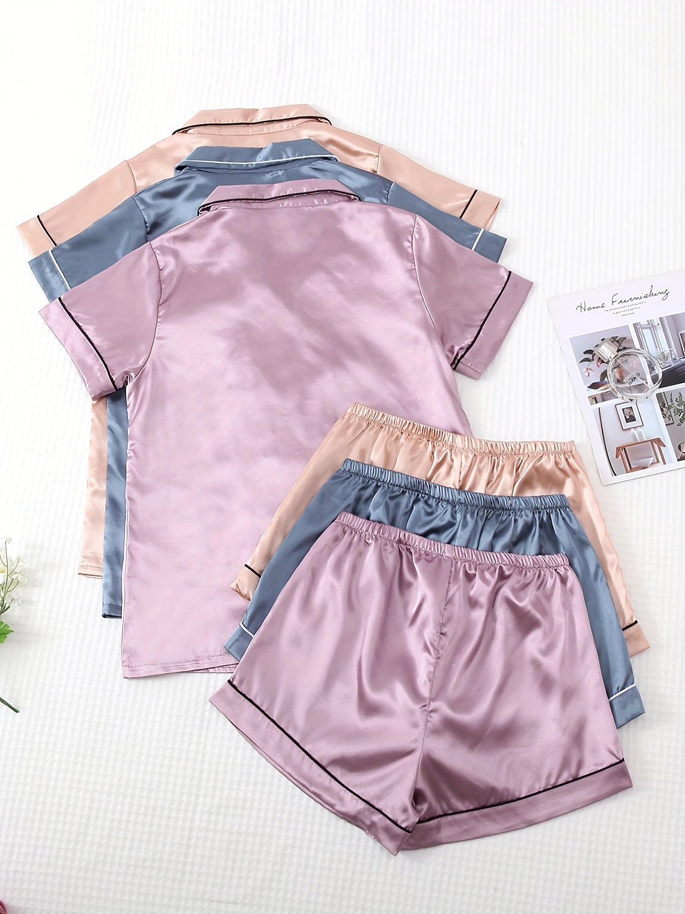 3 Sets Satin Pajama Set, Short Sleeve Lapel Top & Bow Shorts, Women's Sleepwear & Loungewear