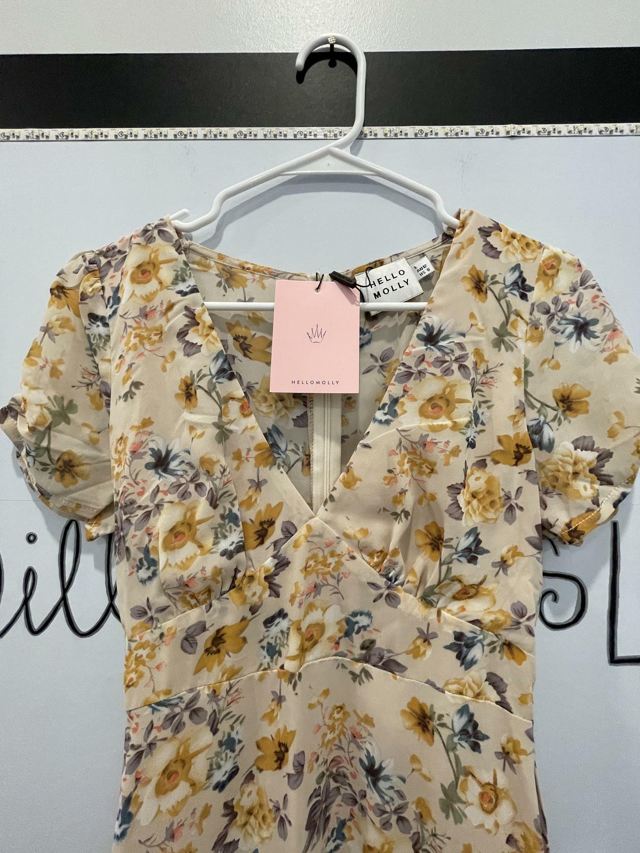 Hello Molly Boho Beige Floral Print Midi Dress Sz 12 Large