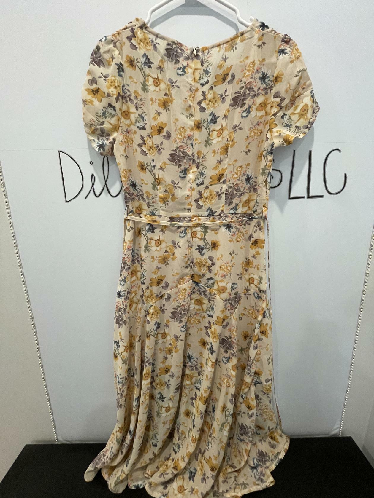 Hello Molly Boho Beige Floral Print Midi Dress Sz 12 Large