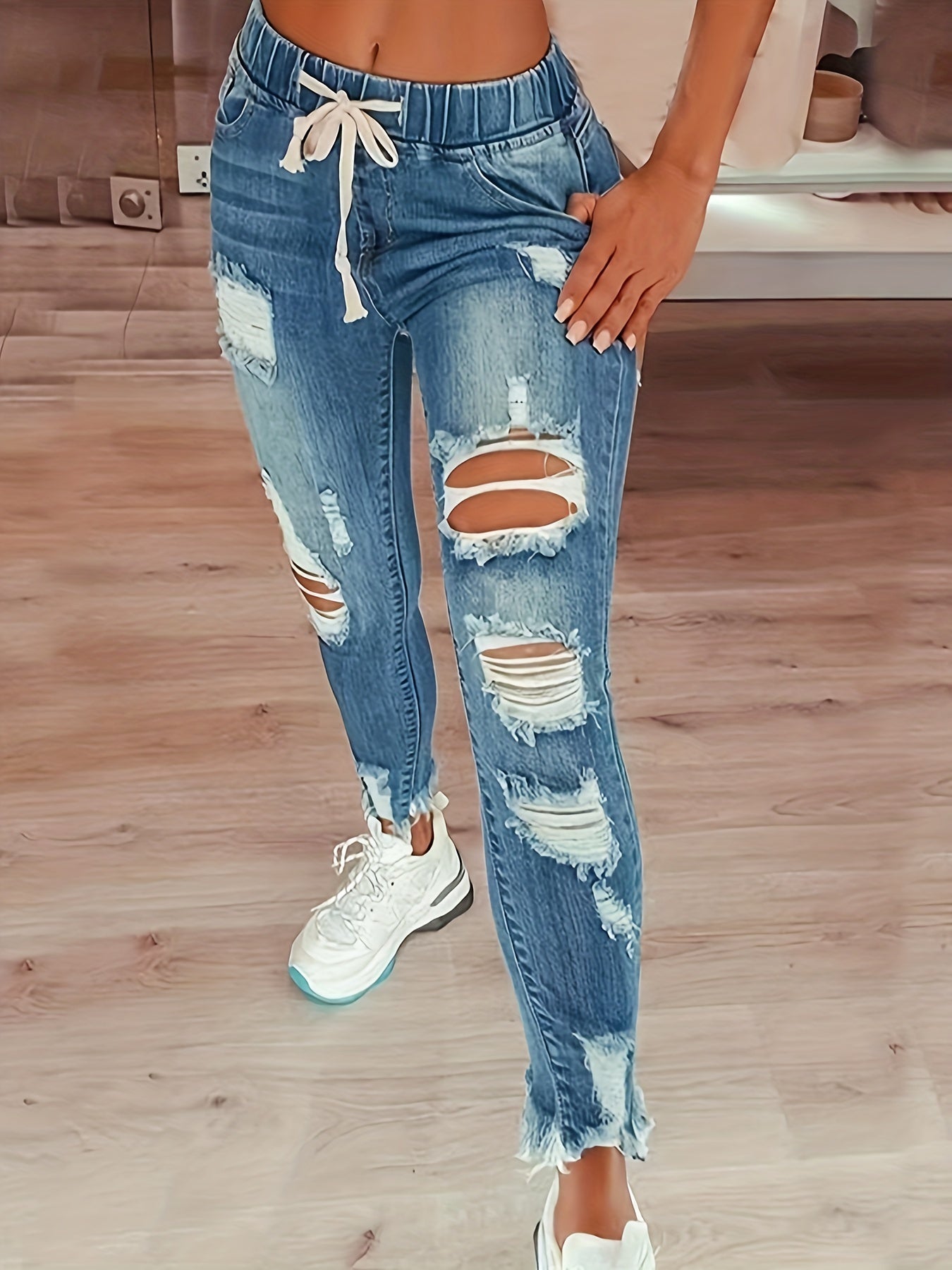 Women's High Waist Ripped Denim Jeans - Casual Raw Hem Slash Pocket Skinny Stretch Pants