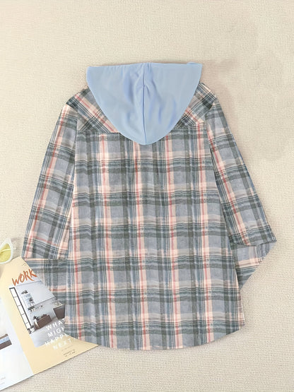 Plaid Print Hooded Shirt - Casual Long Sleeve Drawstring Shirt Hoodie - Various Color Options