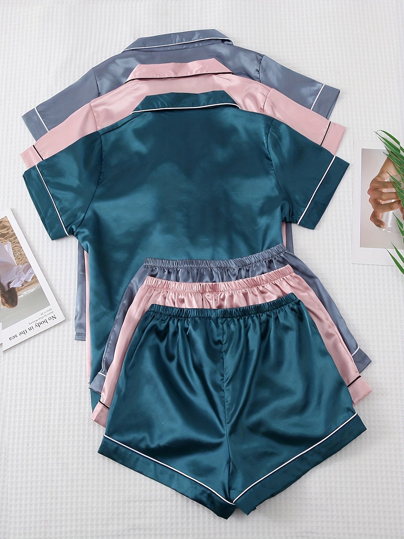 3 Sets Satin Pajama Set, Short Sleeve Lapel Top & Bow Shorts, Women's Sleepwear & Loungewear