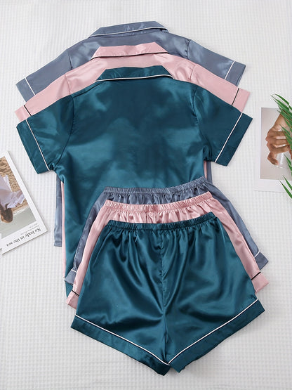 3 Sets Satin Pajama Set, Short Sleeve Lapel Top & Bow Shorts, Women's Sleepwear & Loungewear