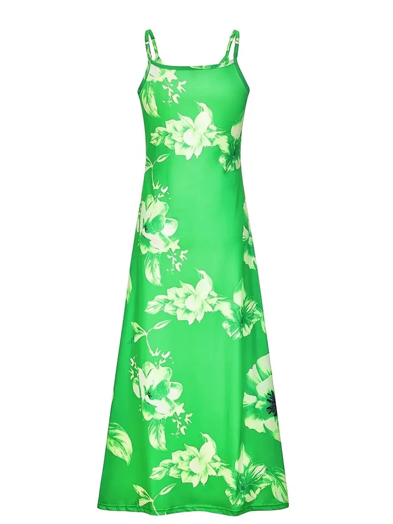 Spring Summer Green Floral Print V-Neck Maxi Dress