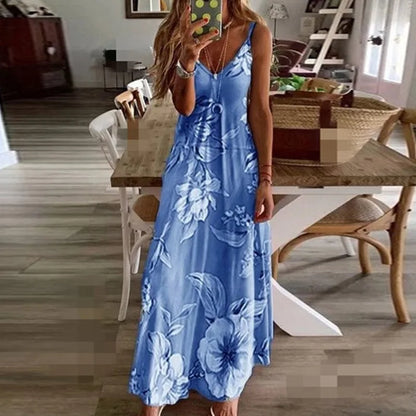 Spring Summer Green Floral Print V-Neck Maxi Dress