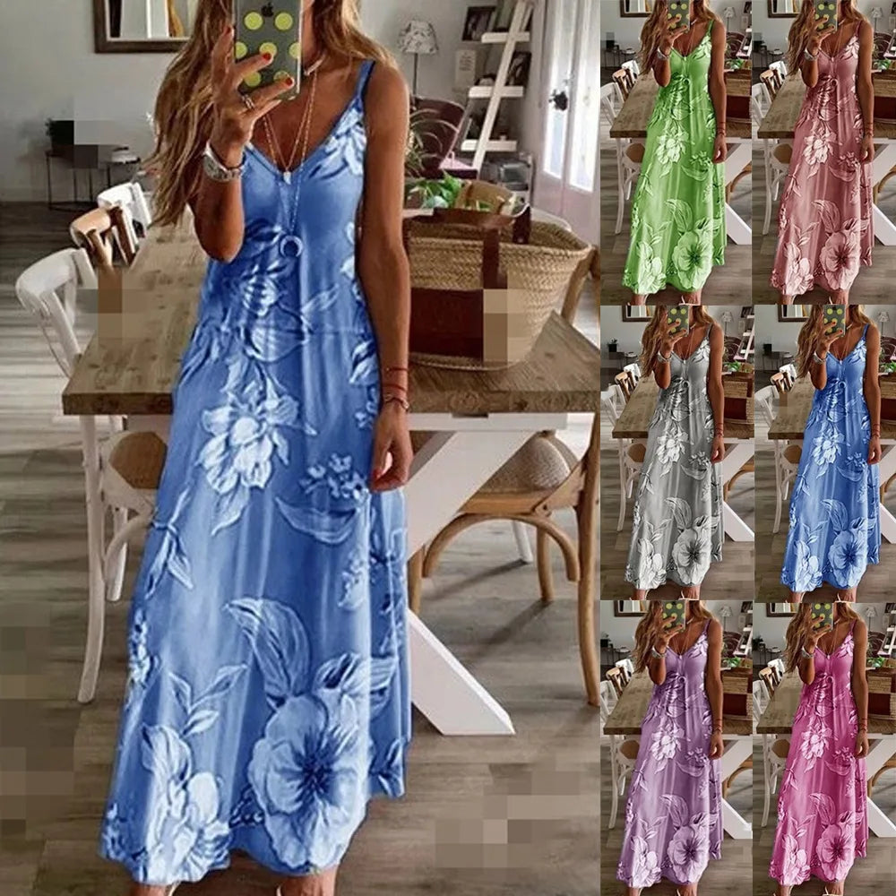 Spring Summer Green Floral Print V-Neck Maxi Dress