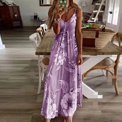 Spring Summer Green Floral Print V-Neck Maxi Dress
