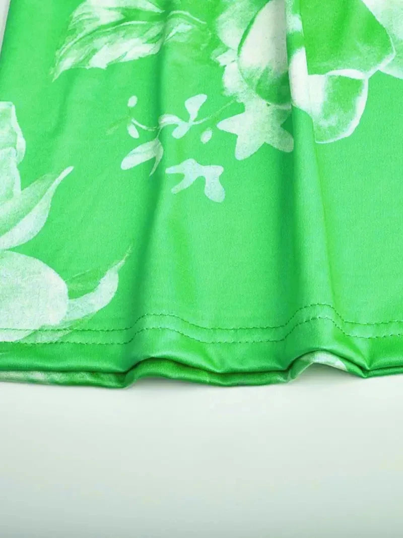 Spring Summer Green Floral Print V-Neck Maxi Dress