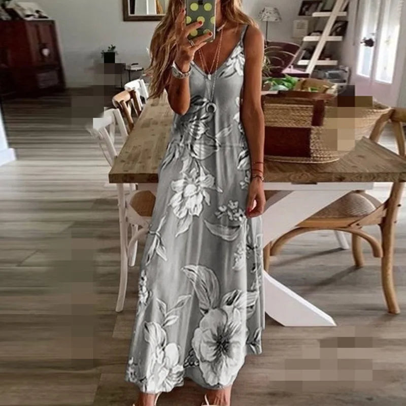 Spring Summer Green Floral Print V-Neck Maxi Dress
