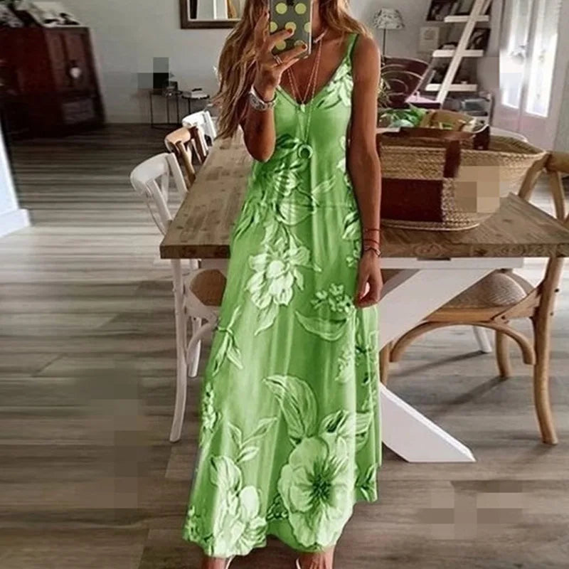 Spring Summer Green Floral Print V-Neck Maxi Dress