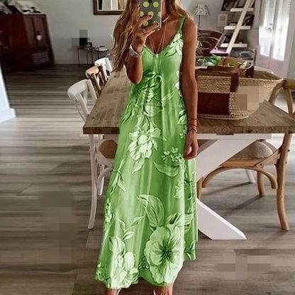 Spring Summer Green Floral Print V-Neck Maxi Dress
