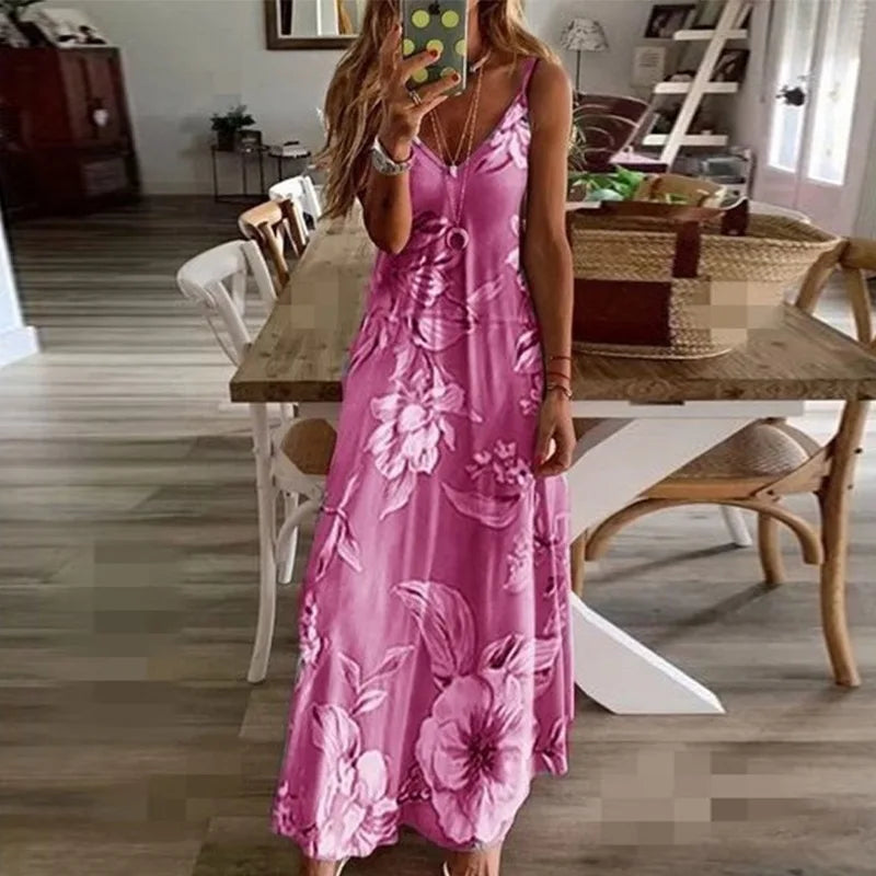 Spring Summer Green Floral Print V-Neck Maxi Dress