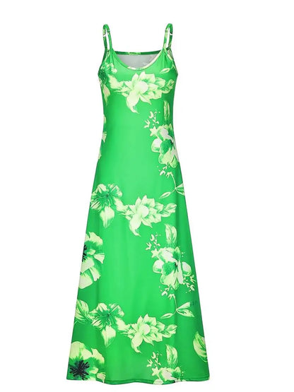 Spring Summer Green Floral Print V-Neck Maxi Dress