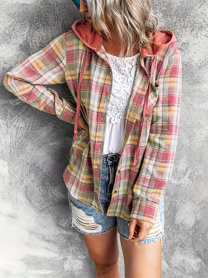 Plaid Print Hooded Shirt - Casual Long Sleeve Drawstring Shirt Hoodie - Various Color Options