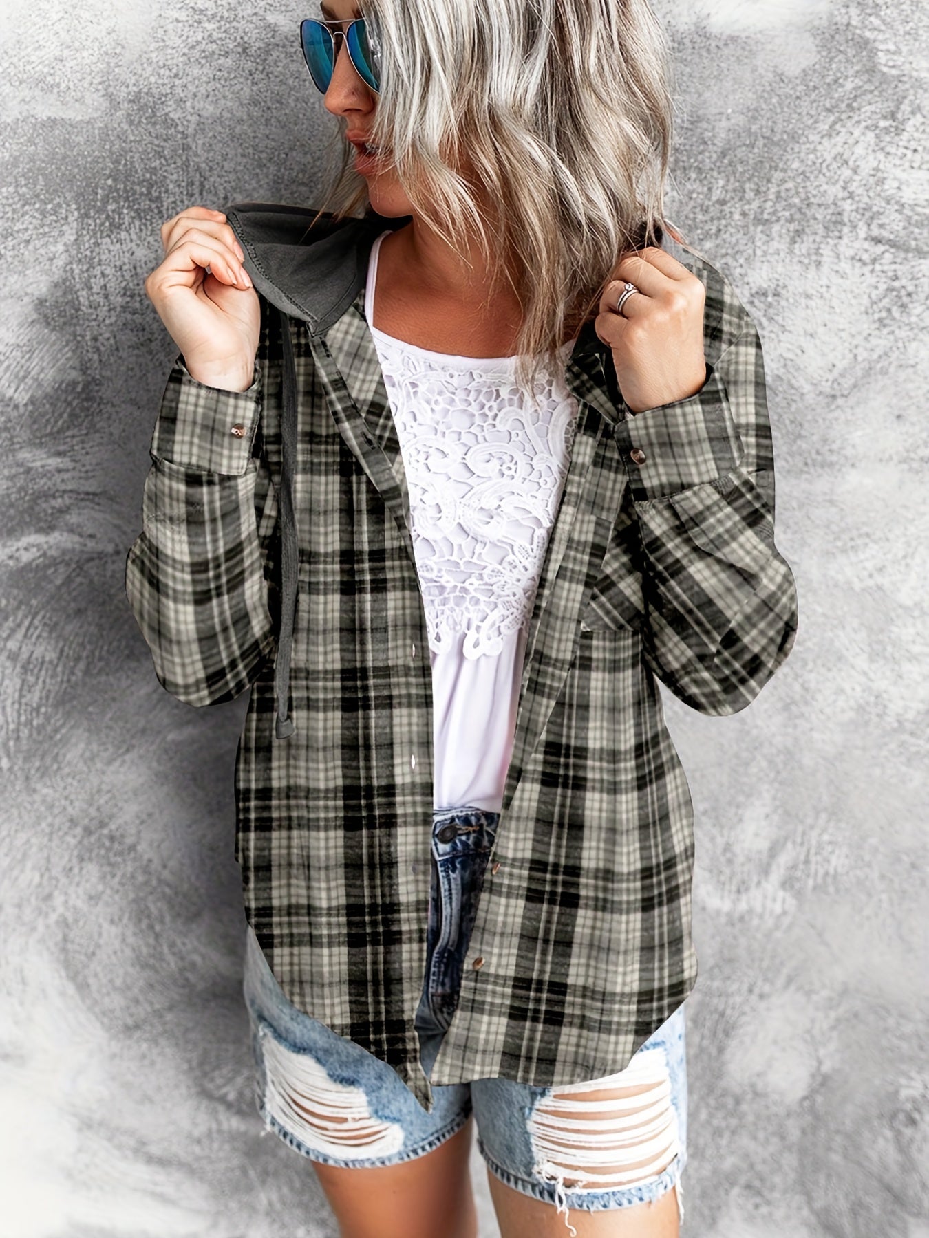 Plaid Print Hooded Shirt - Casual Long Sleeve Drawstring Shirt Hoodie - Various Color Options