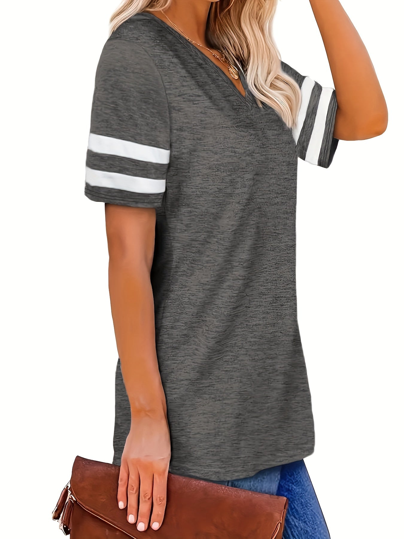 Camiseta con cuello en V y bloques de color de talla grande para mujer - Camiseta informal de manga corta ligeramente elástica - XL, 2XL, 3XL, 4XL, 5XL, 6XL, 7XL, 8XL 