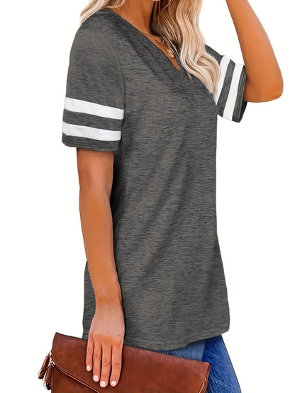 Camiseta con cuello en V y bloques de color de talla grande para mujer - Camiseta informal de manga corta ligeramente elástica - XL, 2XL, 3XL, 4XL, 5XL, 6XL, 7XL, 8XL 