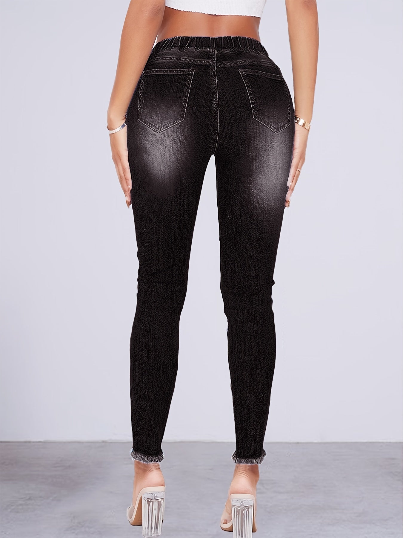 Women's High Waist Ripped Denim Jeans - Casual Raw Hem Slash Pocket Skinny Stretch Pants