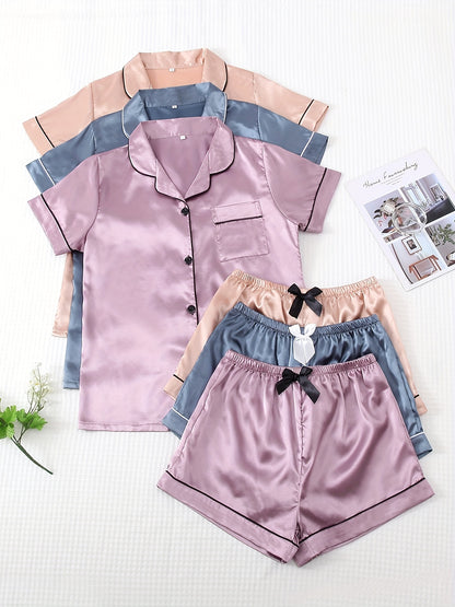 3 Sets Satin Pajama Set, Short Sleeve Lapel Top & Bow Shorts, Women's Sleepwear & Loungewear
