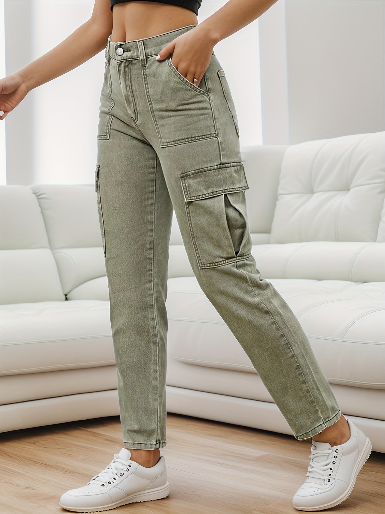 Vaqueros cargo con bolsillo con solapa lateral verde liso, pantalones vaqueros informales de talle medio