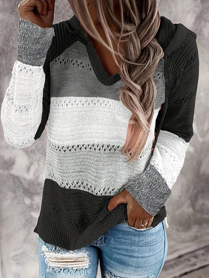 Women's Color Block Hooded Knit Sweater - Drawstring, Long Sleeve Sweater Hoodie