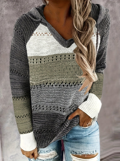 Women's Color Block Hooded Knit Sweater - Drawstring, Long Sleeve Sweater Hoodie