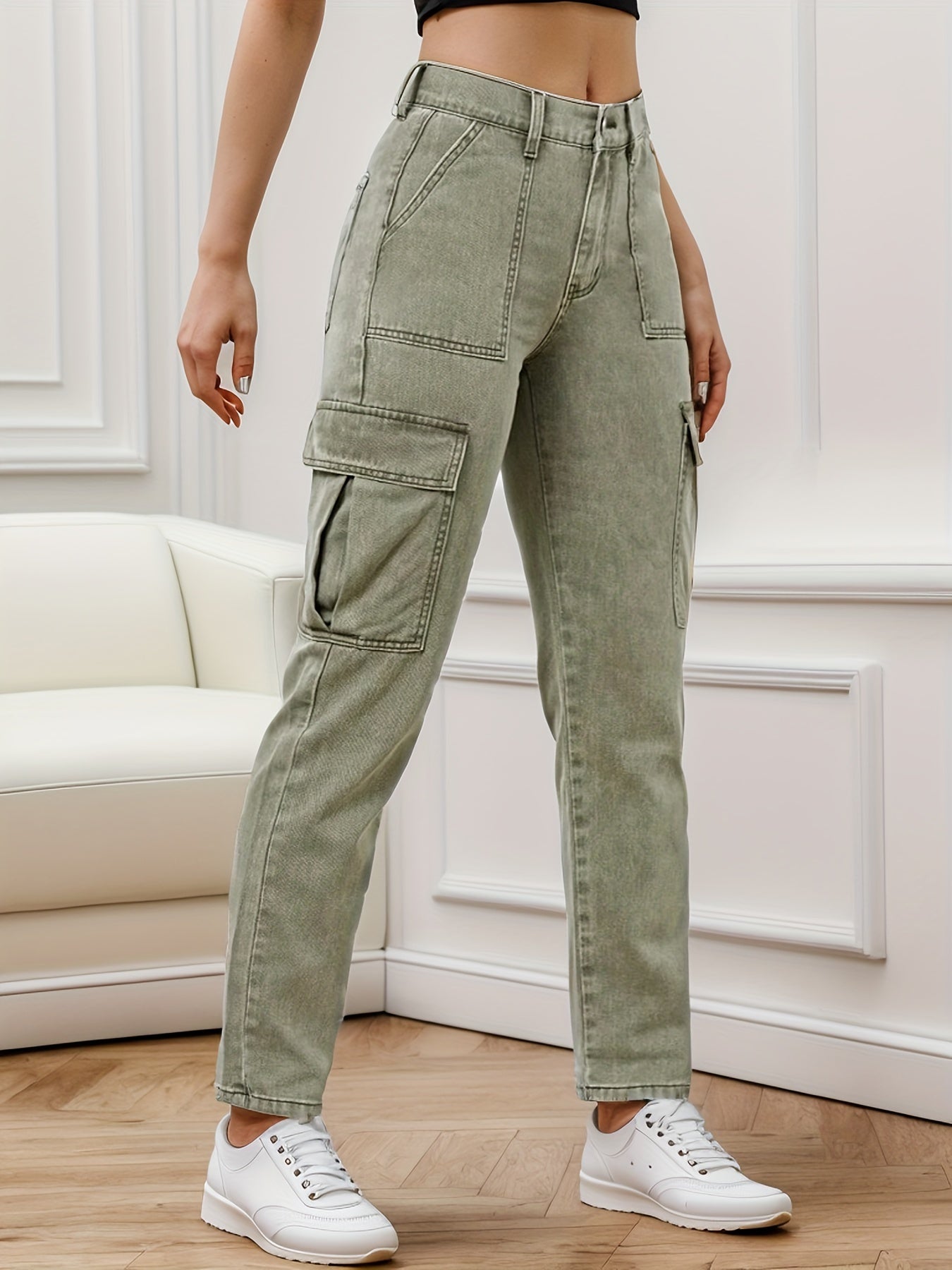 Vaqueros cargo con bolsillo con solapa lateral verde liso, pantalones vaqueros informales de talle medio