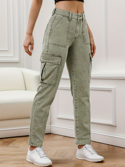Vaqueros cargo con bolsillo con solapa lateral verde liso, pantalones vaqueros informales de talle medio