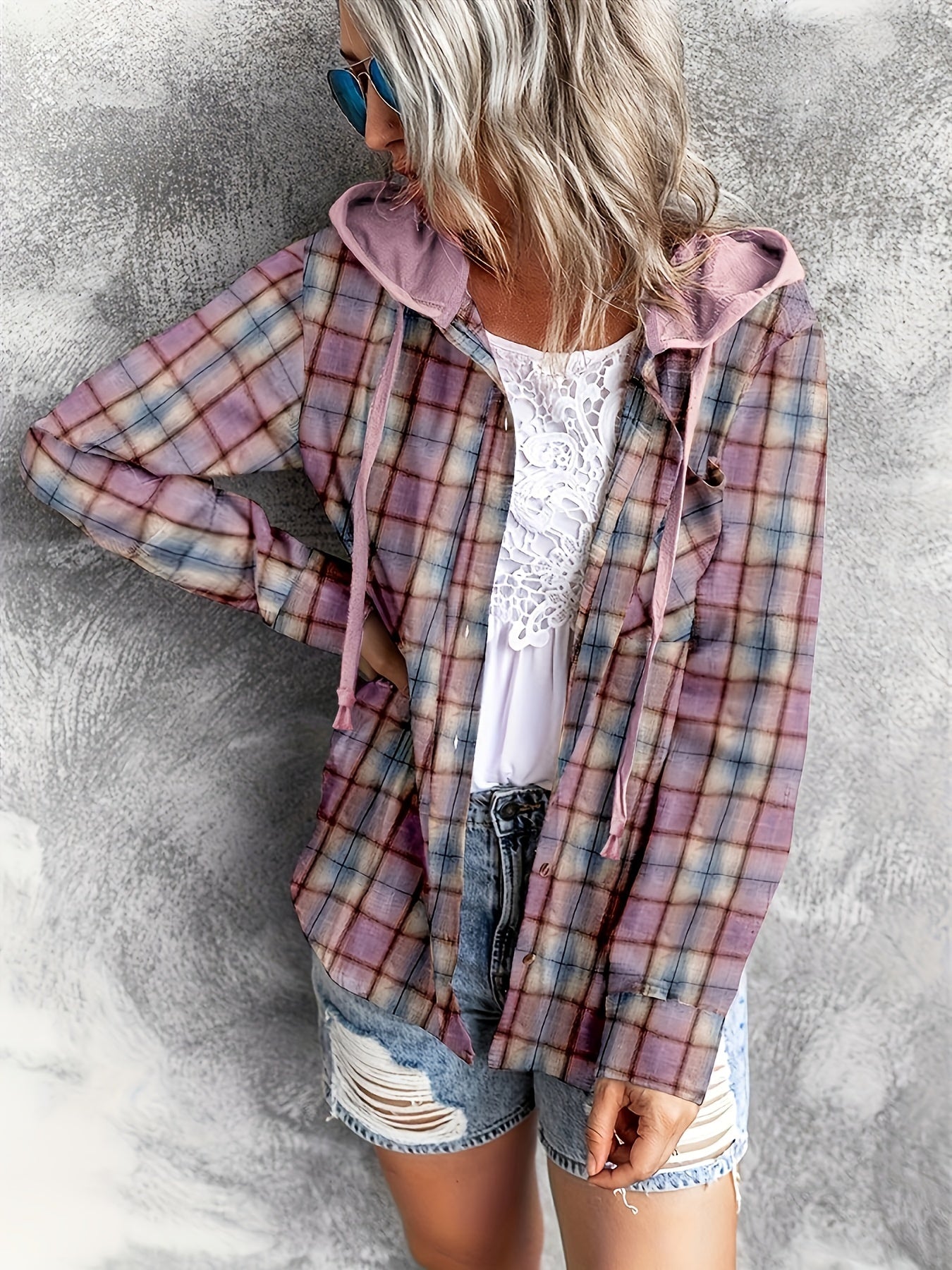 Plaid Print Hooded Shirt - Casual Long Sleeve Drawstring Shirt Hoodie - Various Color Options